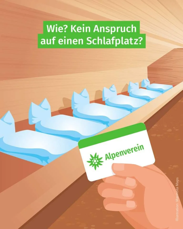 Comicbild eines Hütte-Schlafsaals. Im Vordergrund n DAV-Mitgliedsausweis | © DAV/Marmota Maps
